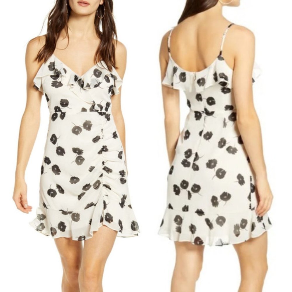 All in Favor Size Medium Callie Floral Ruffle Mini Dress Ruched Sleeveless White